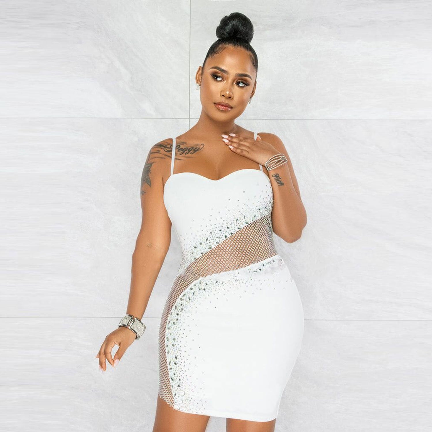 Sexy Rhinestone Strap Dress: Slim-Fit Mesh Elegance - Ootddress