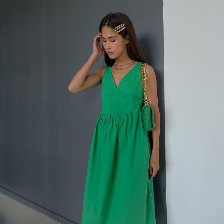 Summer Green V Neck Casual Elegant Dress - Loose Sleeveless Simple Style - Ootddress