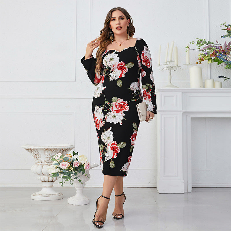 Plus Size Printed Square Collar Tight Waist Sheath Long Sleeve Dress - Trendy and Flattering - Ootddress