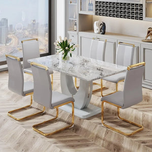 Modern Dining Room Set for 6: Rectangular Table with Faux Marble, Kitchen Furniture - Superflex Furnitures