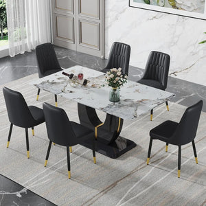 White Marble Dining Table Set for 6: Glass Top, Black PU Leather Upholstered Chairs - Superflex Furnitures