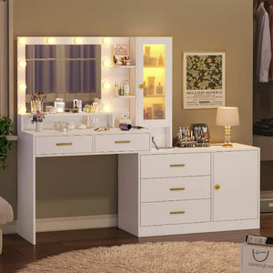 White Makeup Vanity with Lights, Mirror, Large Desk with Drawer Dresser, Charging Station & RGB Cabinet - Superflex Furnitures
