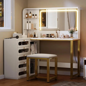 DWVO 48" L-Shaped Makeup Vanity Desk with Lights & Mirror - Superflex Furnitures