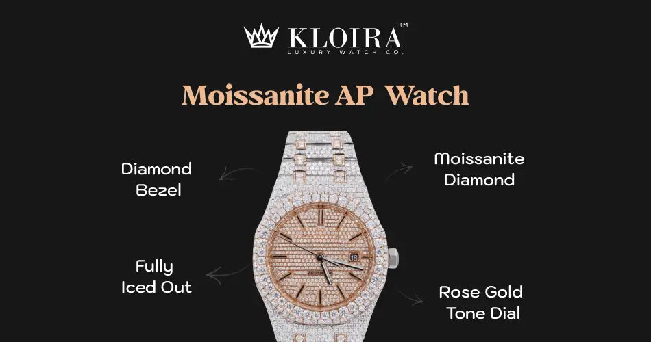 Moissanite AP watch with a fully iced-out design, diamond bezel, and rose-gold tone dial.