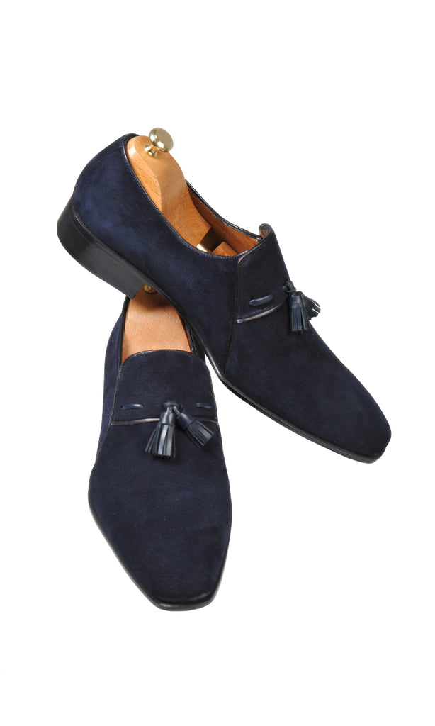 Handmade Navy Blue Loafer Suede Men Shoes