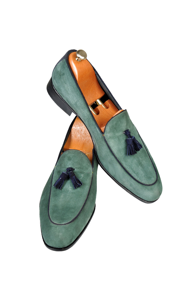 green suede loafer