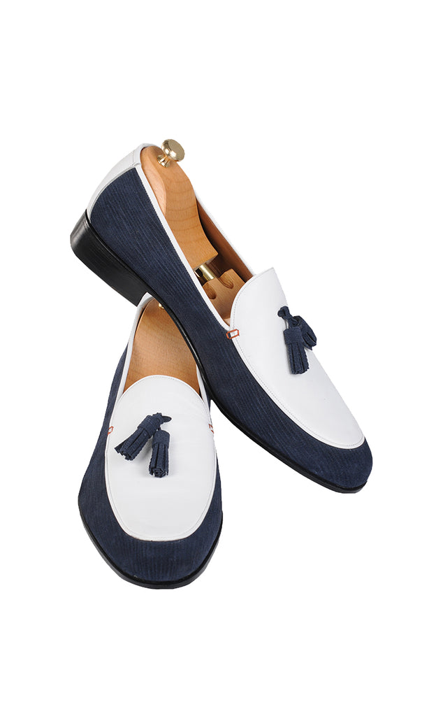 Handmade Blue and White Loafer Men Shoes