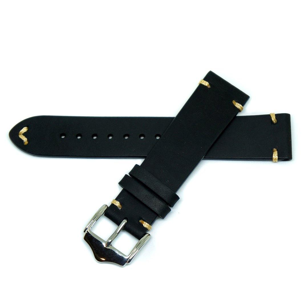 Genuine Calfskin Black Handstitched Vintage Style Leather Watch Strap