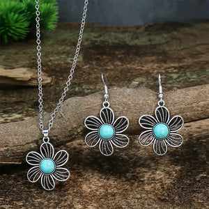Vintage Boho Hollow Turquoise Drop Earrings Necklace 3pcs Set Bohemian Silver Color Decor Gift - OM Select