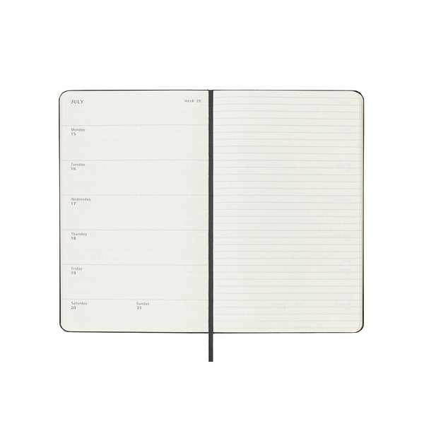 A Moleskine Weekly Notebook diary laid open to reveal its page view, which shows each of the days of the week on the left page in rows, while the right page is a simple ruled page similar to a notebook