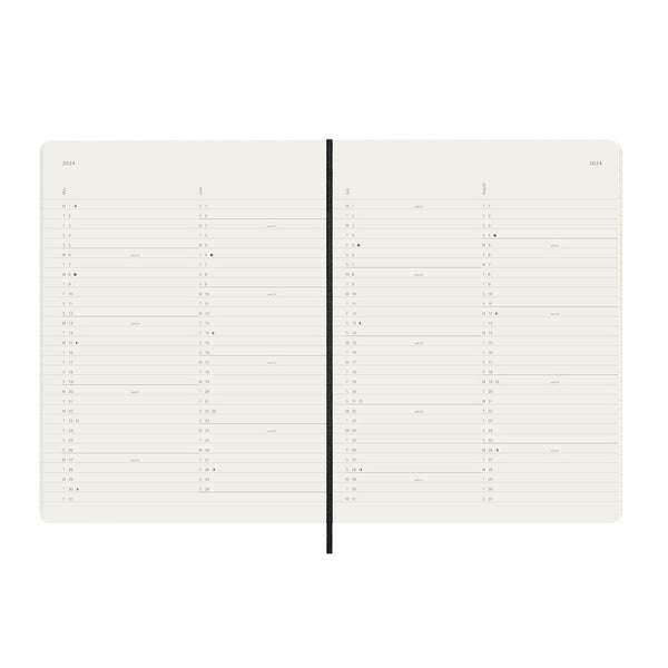 A Moleskine Weekly Vertical diary with its page laid open to reveal its layout, where the days of the week are arranged in columns across the two pages, with room for hourly scheduling