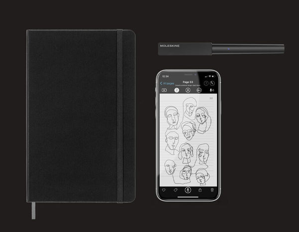 Moleskine's Smart Writing Notebook and Smart Writing Pen with an iPhone showing a hand-drawn image on the screen