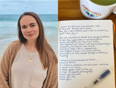 Poet Emily Long, standing on a beach. Emily has long straight hair and wears a sandy-coloured cardigan. Beside Emily is the poem A Prayer for Sad Girls, handwritten in a notebook