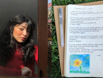 Writer Mara Cavallaro on the left, with long dark hair and a deep red top. Mara is looking directly into the camera. On the right, Mara's poem Chamomile Tea handwritten in a notebook, with a light, colourful illustration of a flower below