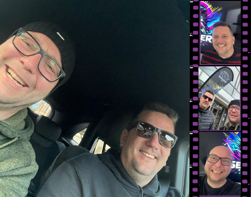 Collage von fröhlichen Momenten mit Andy und Christian, den Gründern von SENDER ENERGY. Die Bilder zeigen sie lachend und genießend während Autofahrten und anderen Aktivitäten, verkörpern Freundschaft und die leidenschaftliche Energie hinter ihrer Marke.