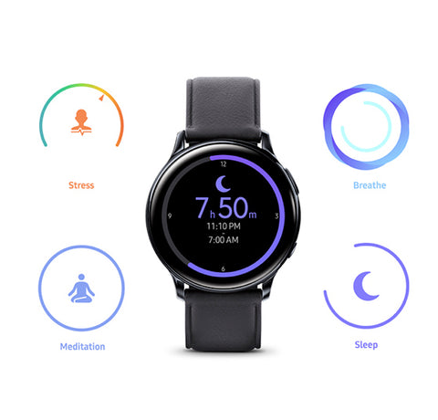 Level up your downtime. Galaxy Watch Active2’s built-in sleep tracker offers valuable insights on how to get a better night’s sleep. It also monitors your stress level and helps you recenter with the integrated Calm app.