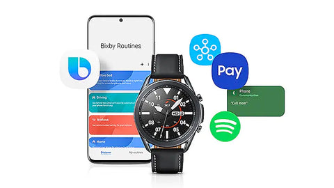 Smart watch. Smart life. Integrated Bixby voice functionality can read your texts, make a call or initiate coaching on command and on-the-go. Samsung Pay lets you leave home without a wallet. And a multilayered defense-grade security platform keeps all your data safe