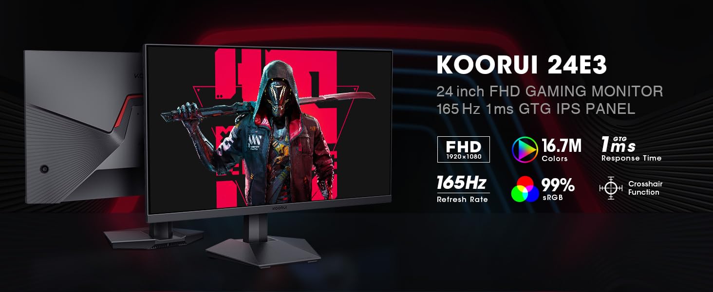  KOORUI 24 Inch Gaming Monitor, 165Hz IPS 1080p 1ms