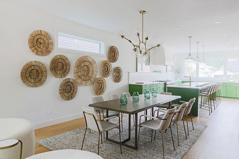Textured wood circles on dining room wall