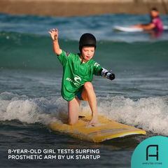 Eight-year-old Joanie is one of the first to test Koalaa's surfing prosthetic arm.