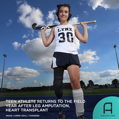 Gigi Humeidan returns to field hockey a year after a heart transplant and an amputation.