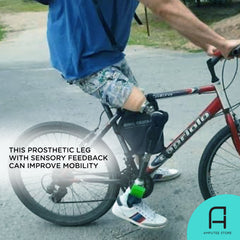 An above-knee amputee wears a new prosthetic leg that provides sensory feedback and improves stability.