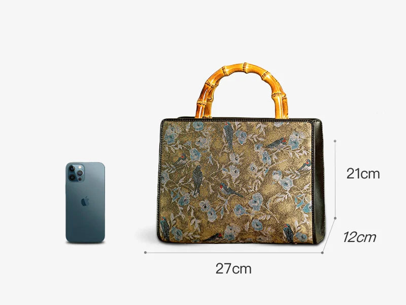 Sac fourre-tout en brocart de bambou avec poignée, motif oiseaux et fleurs, sac à main de luxe