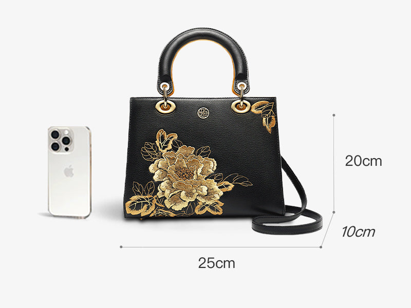 Sac à main de luxe en cuir noir brodé avec pivoine dorée