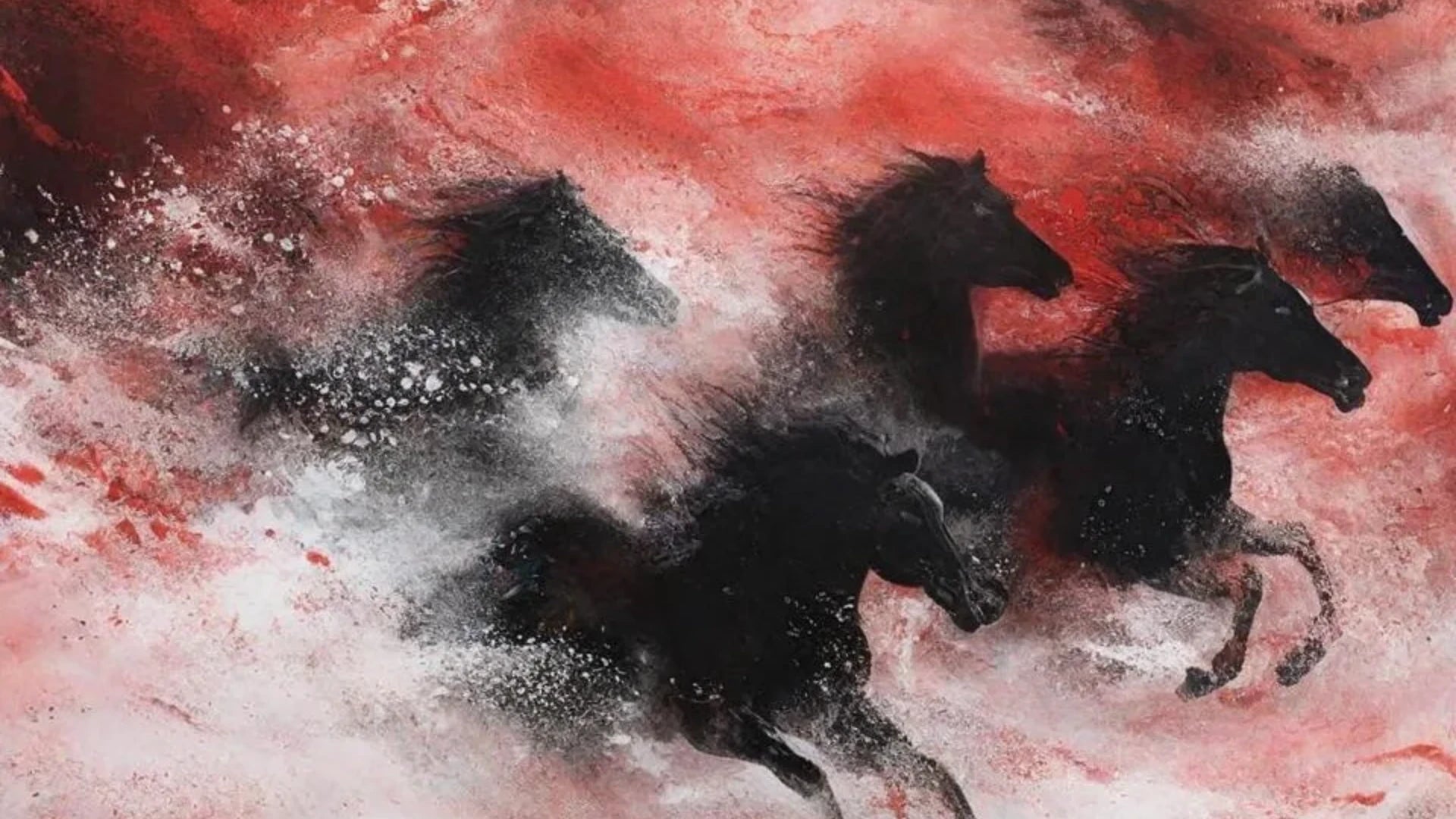 Black horses galloping in an abstract red painting with white splatters.