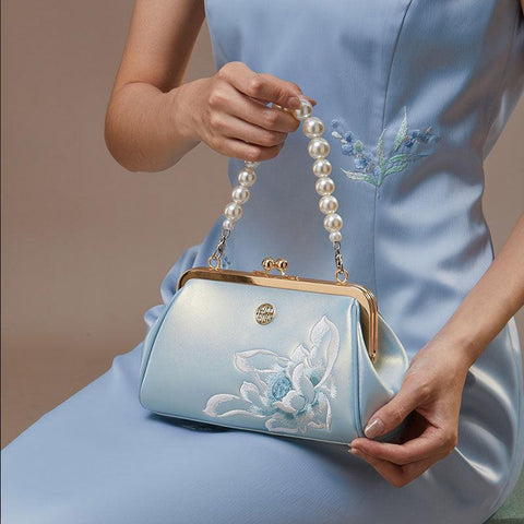 Embroidery Leather Chain Clutch Bag Lotus Pearl-Handbag-SinoCultural-SinoCultural