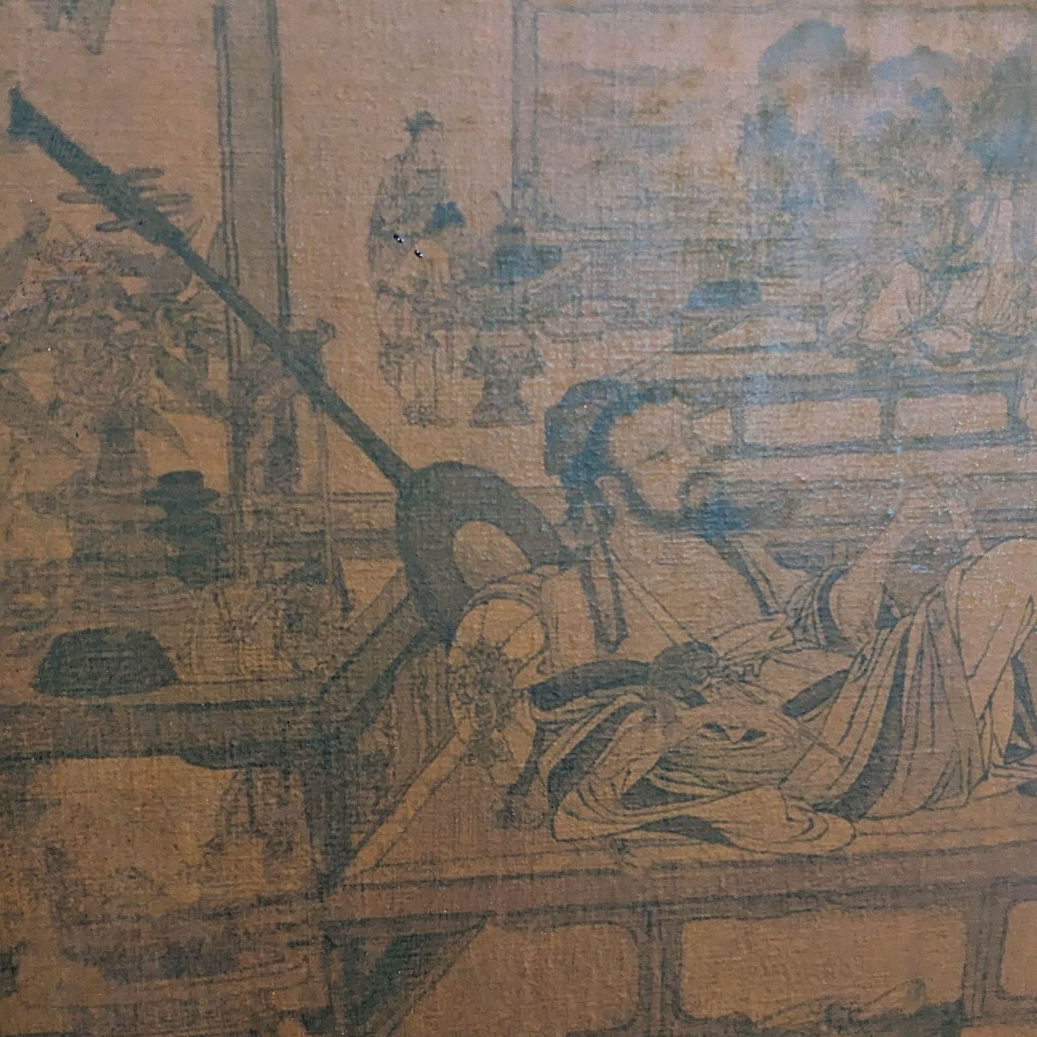 Alt text 2: Close-up of a Reperch painting depicting traditional Asian scenes in sepia tones, signed by the artist, with focused details on historical figures.