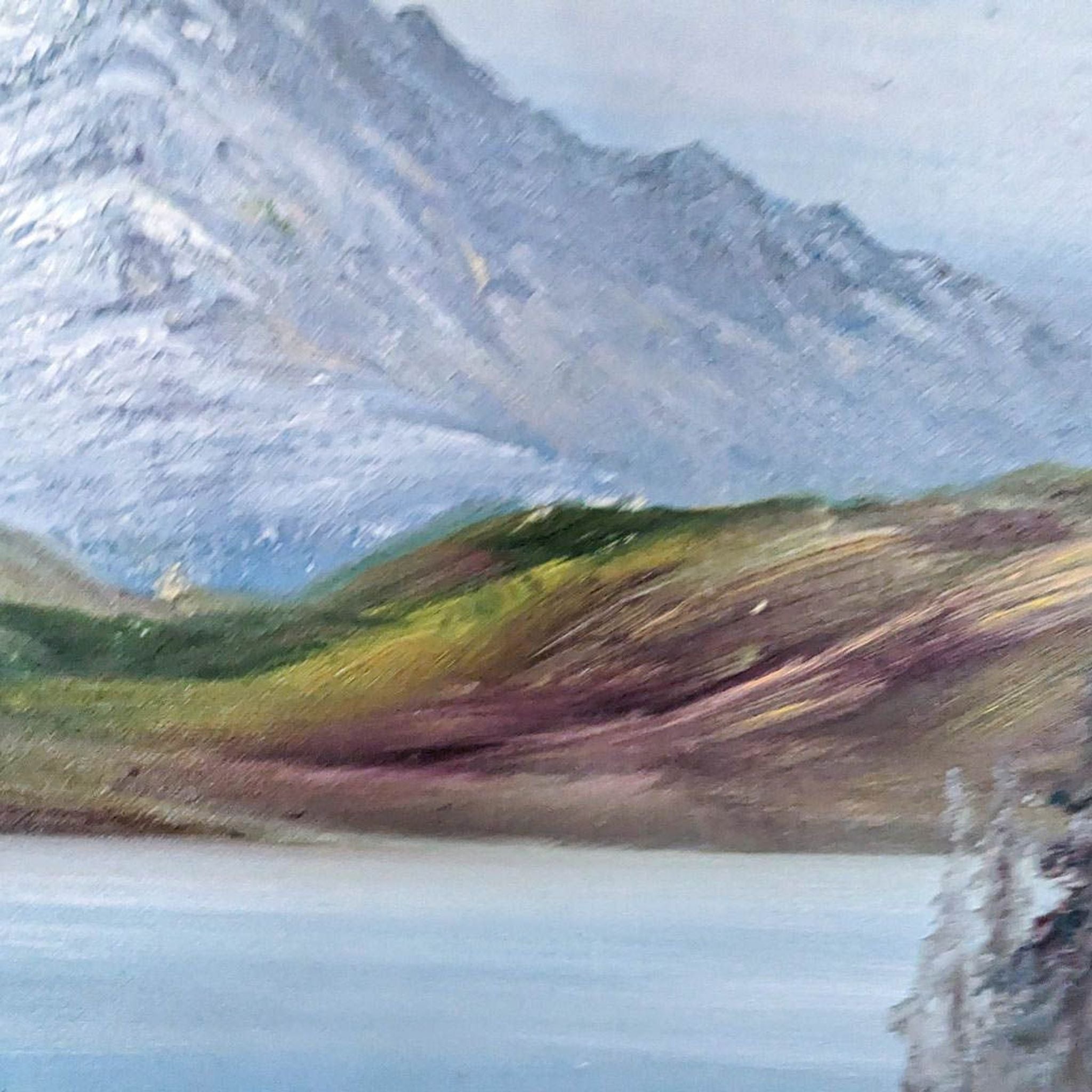 Close-up of an autumnal mountain and lake scene on a Reperch canvas, focusing on detailed brushwork.