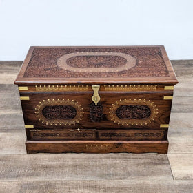 Image of South Asian Carved Trunk with Brass Inlay