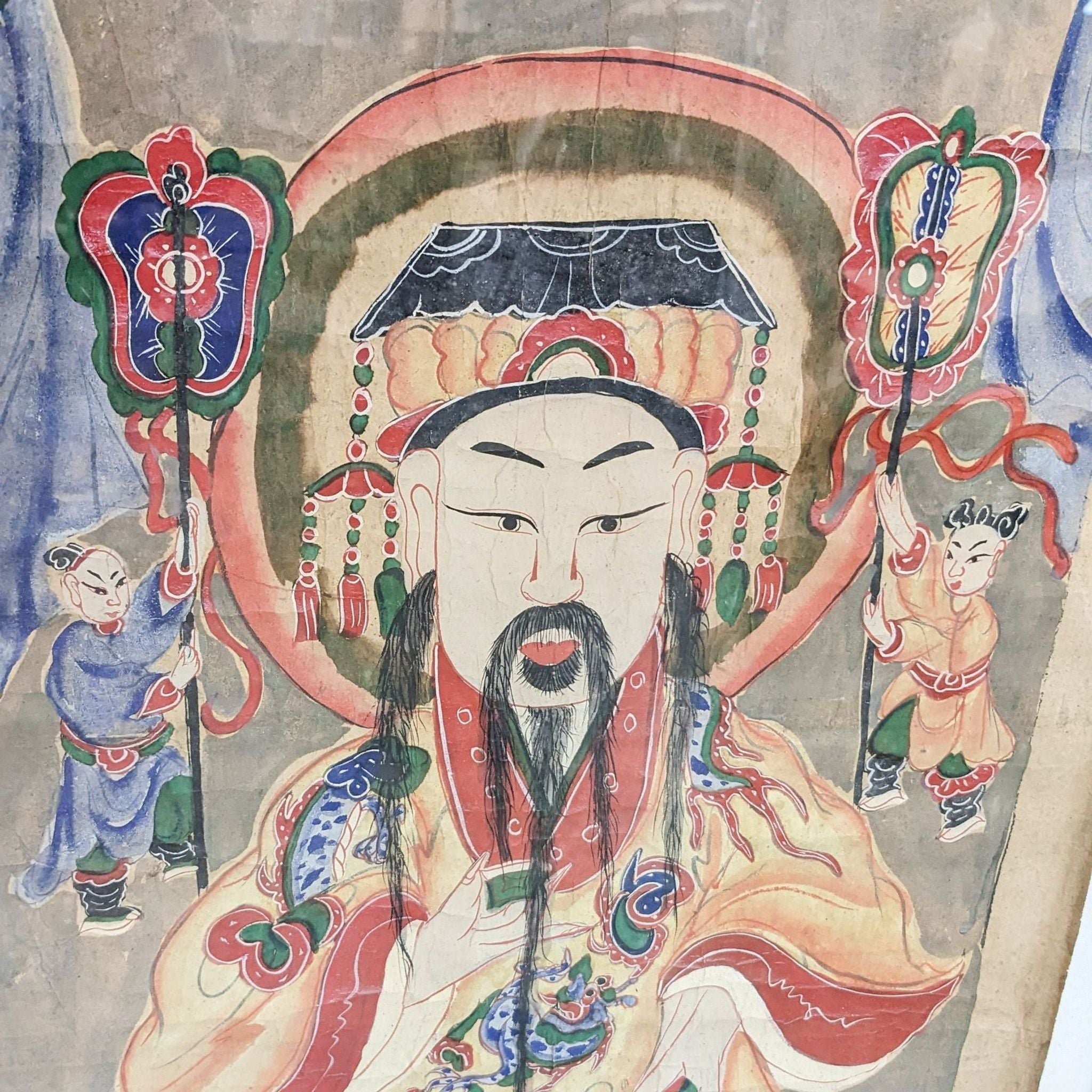 Close-up of a Reperch Chinese Taoist deity print showing intricate details and vibrant colors, encased in acrylic frame.