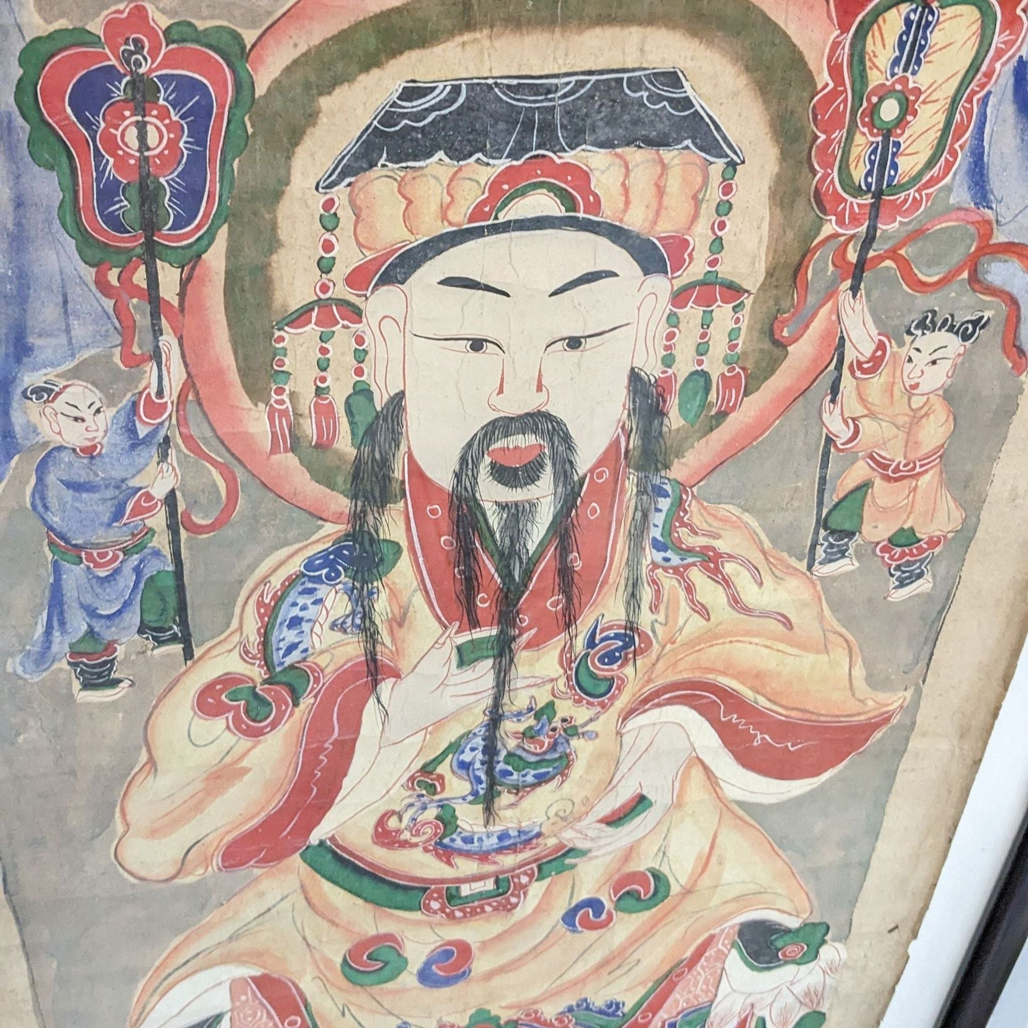 19th-century Reperch framed Taoist deities painting depicting a central deity flanked by two attendants, acrylic vs. glass.