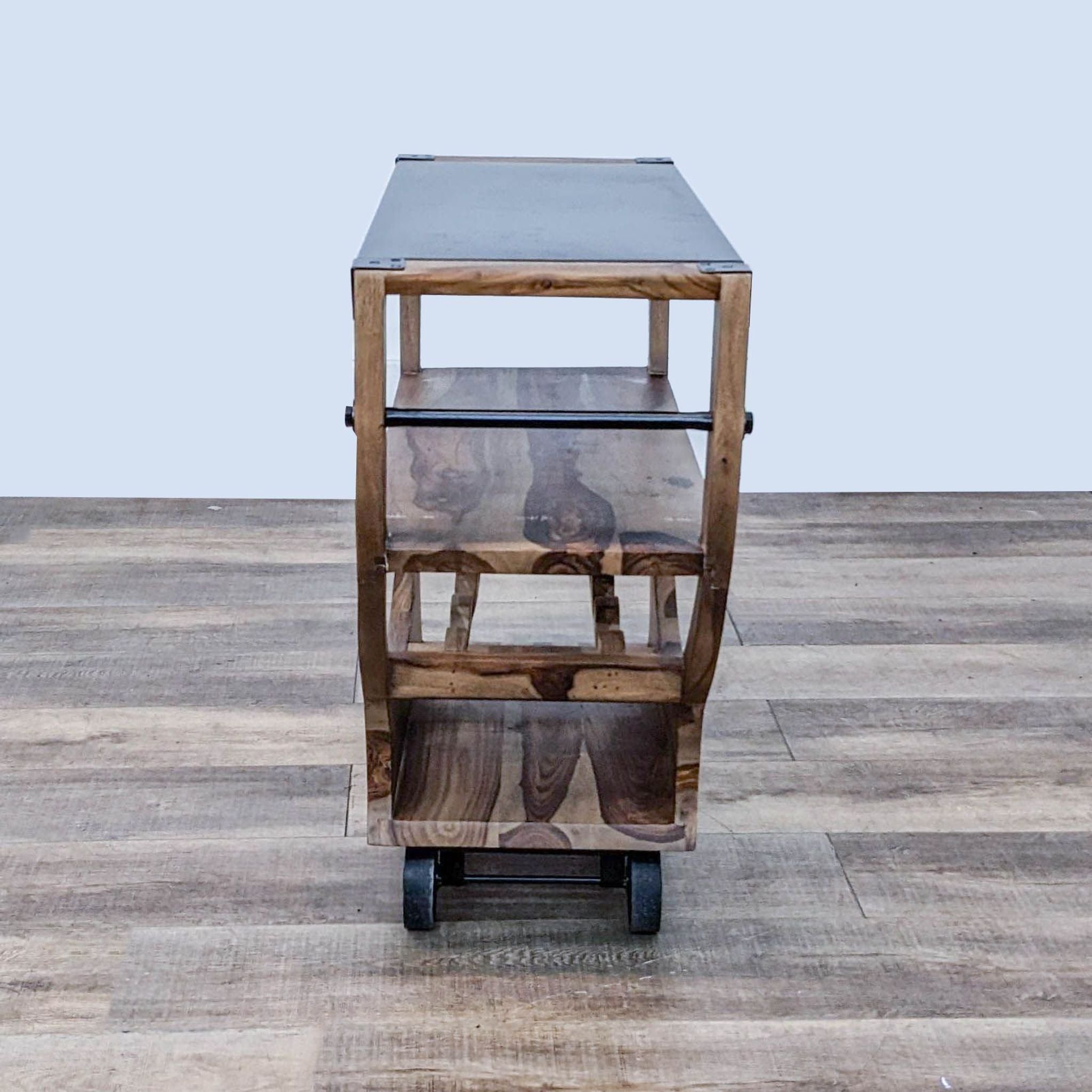 Reperch brand wood cart with metal top, two shelves, and a four-bottle wine rack on casters.