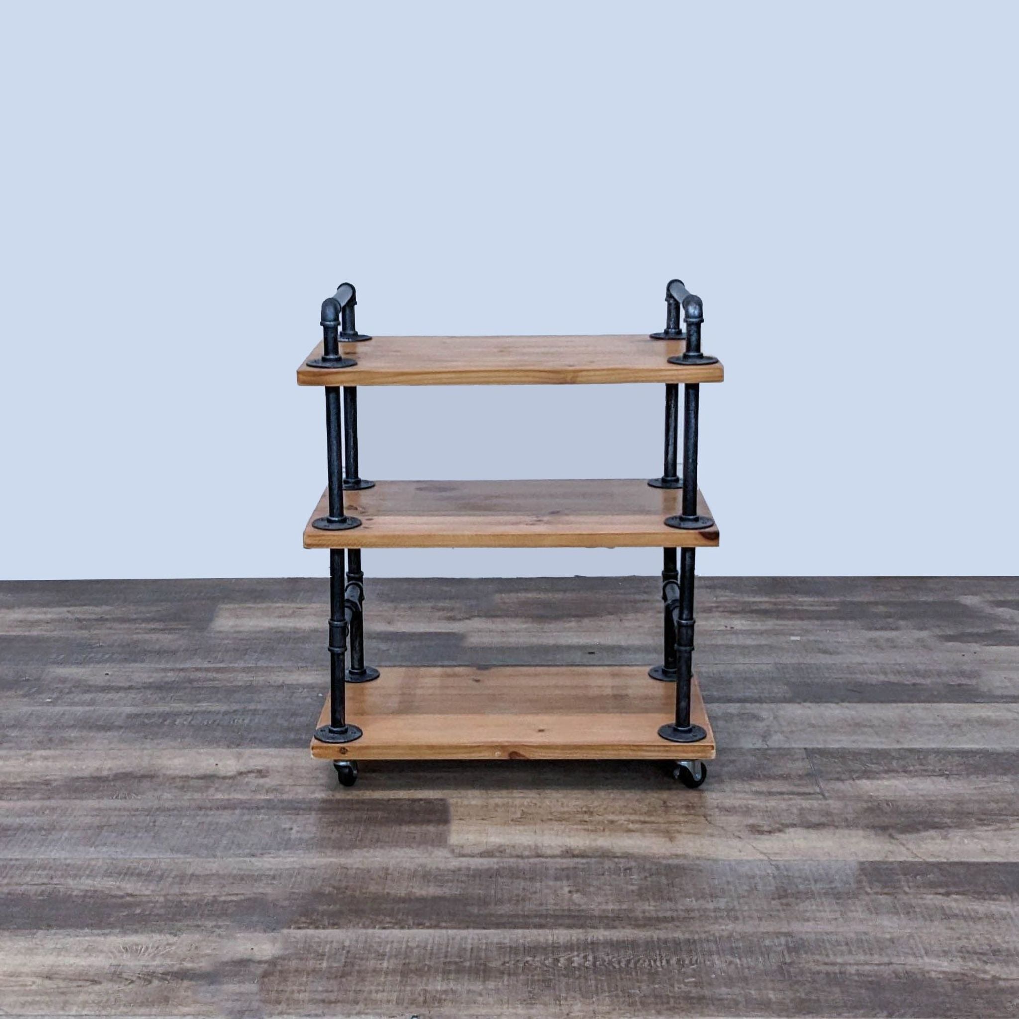 Dofurnilim solid wood, three-tier rolling cart with waterproof finish and black water pipe frame, capable of holding 400lbs.