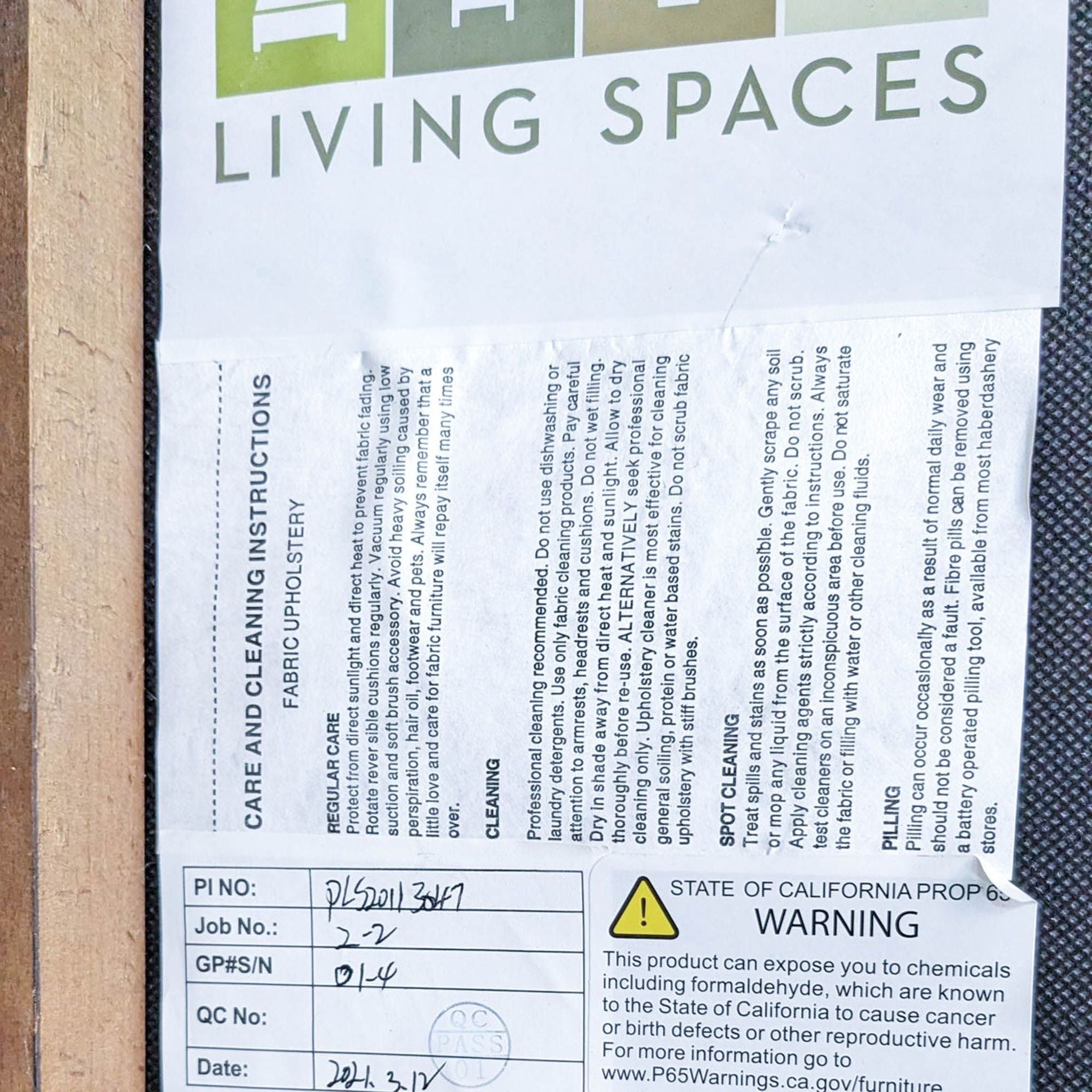 Please note that the third image appears to be a care and cleaning instructions label from Living Spaces, but due to the nature of the image, I cannot provide a detailed description of the text content within the image.
