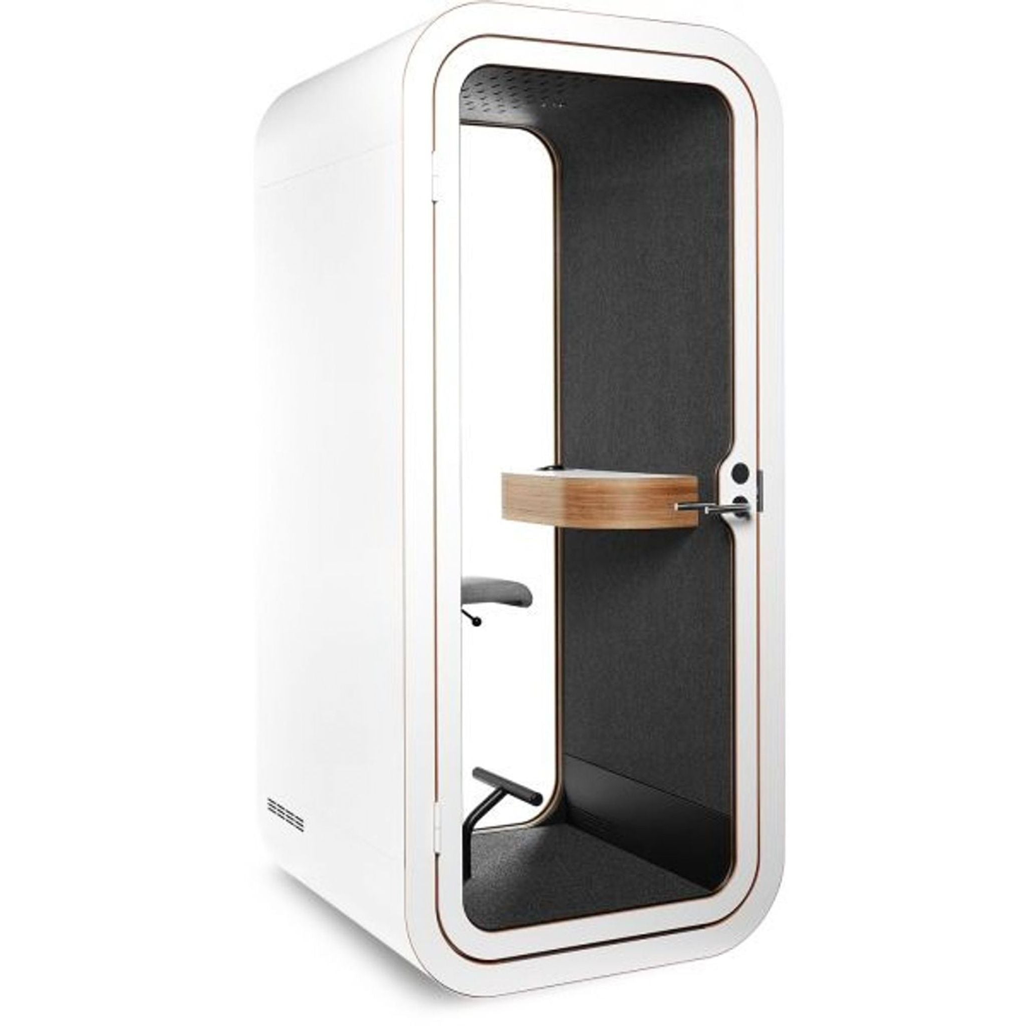 Soundproof privacy pod by Framery with closed door, showcasing a comfortable chair and built-in table, suitable for quiet work.