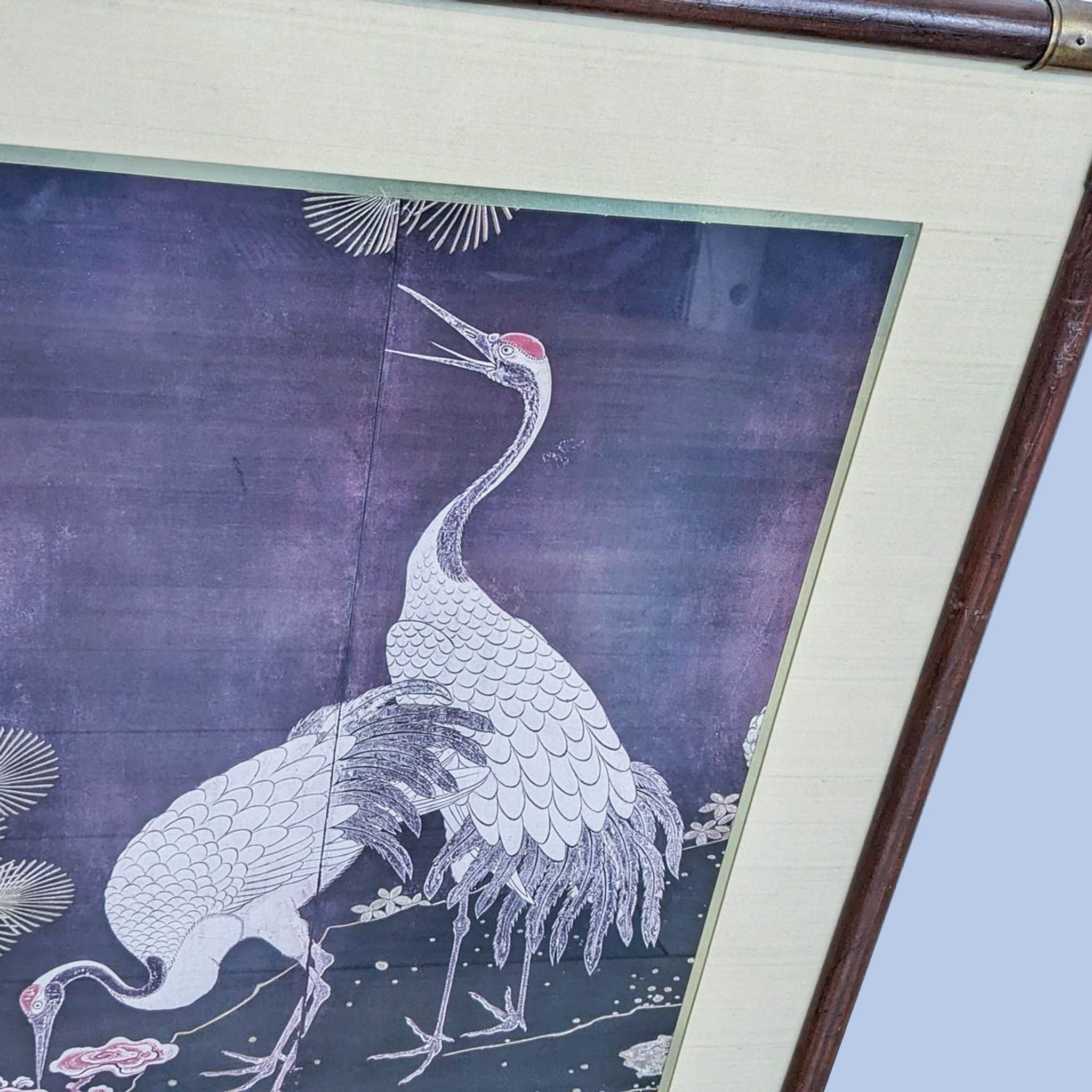 "Reperch brand Japanese-style print showcasing elegant cranes, mounted in a bamboo frame, reflecting vintage aesthetic."