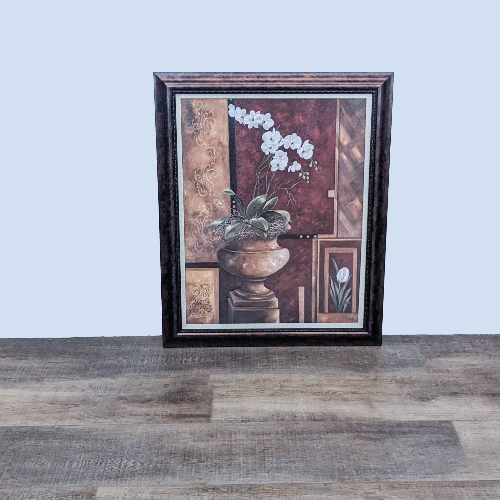 Reperch branded art print featuring a floral arrangement in a vase with ornate details, framed and displayed on a wooden floor.