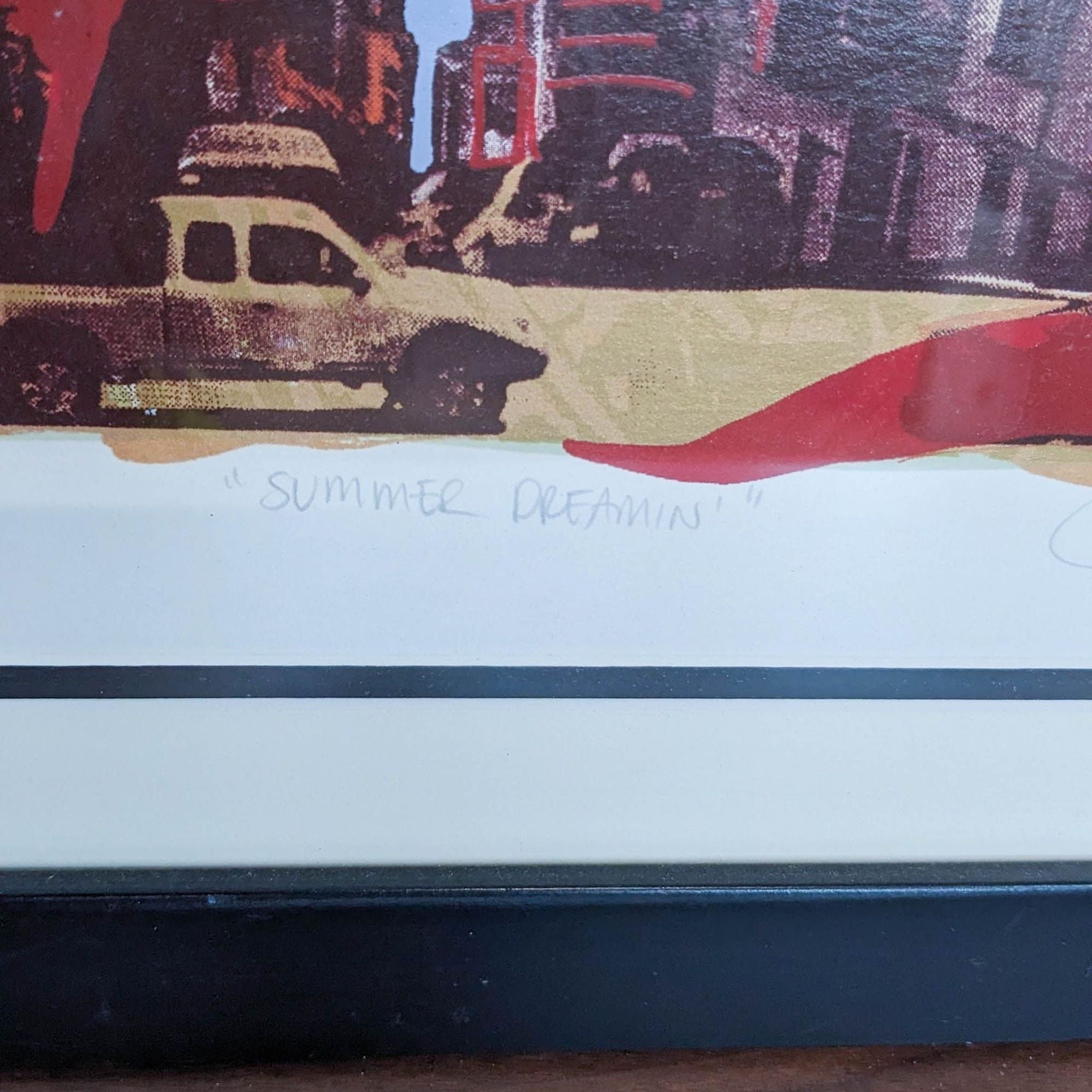 Hilary Williams brand "Summer Dreamin" screen print, featuring urban scenery, edition 41/50, artist-signed, displayed in black frame.