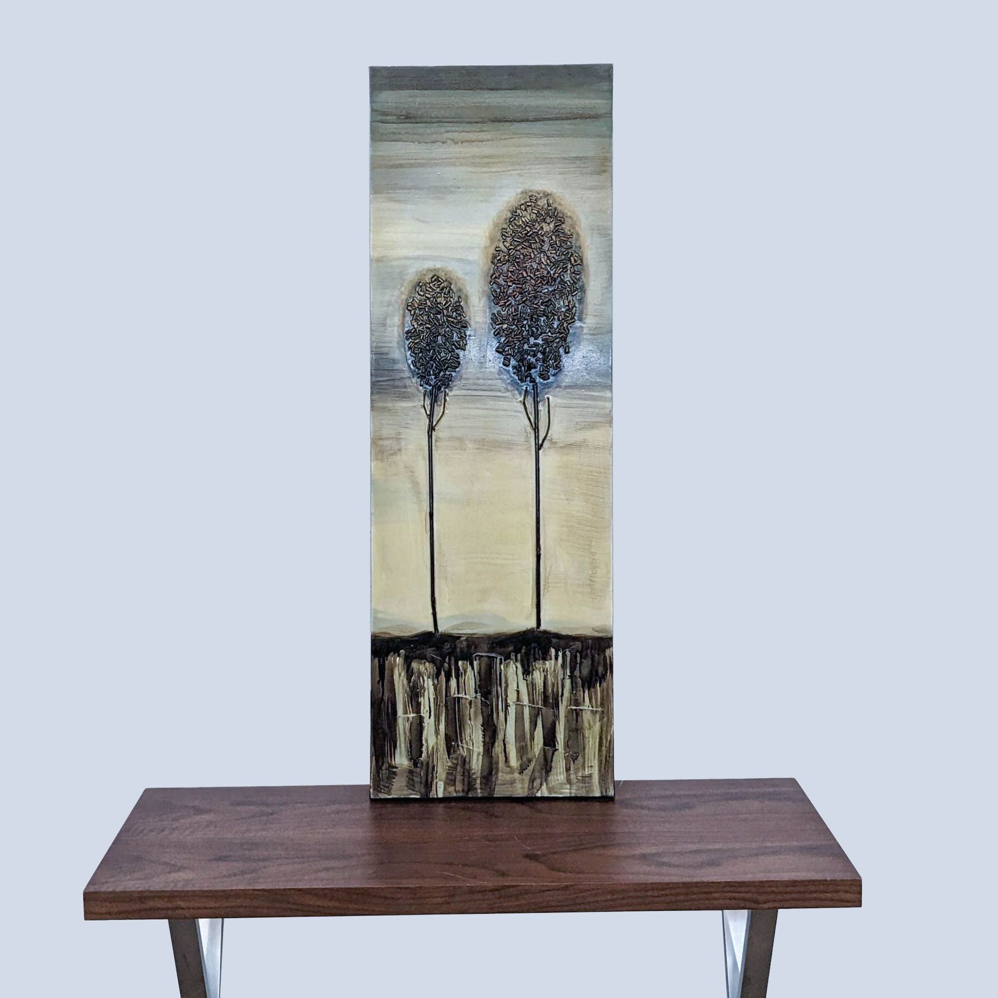 Reperch Mixed Media Botanical Art Print depicting abstract trees on canvas, displayed on a wood table.