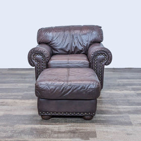 Image of Classic Leather Armchair and Ottoman with Nailhead Accents