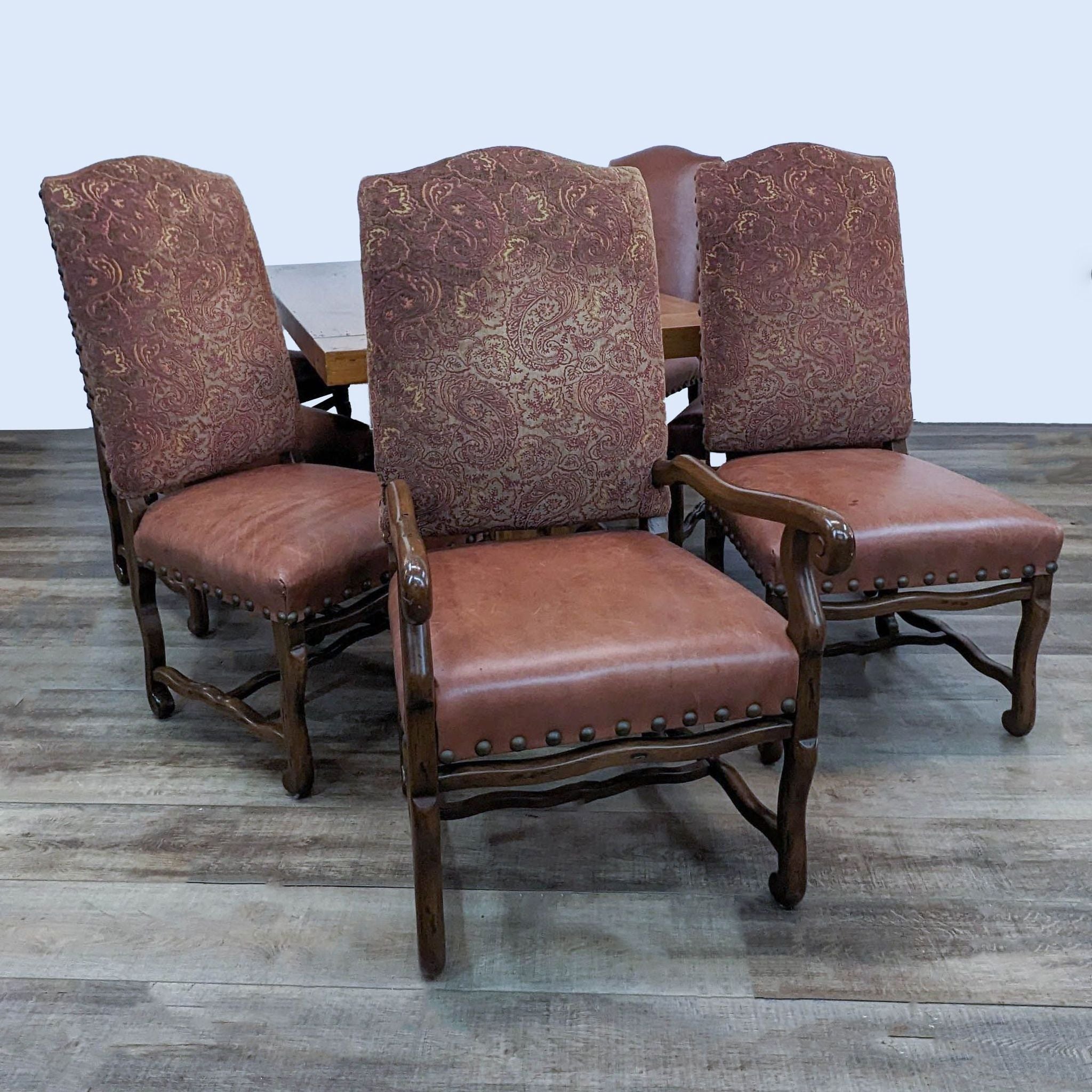 Walter and Wabash dining set with two armchairs, fabric and leather upholstery, decorative stitching.