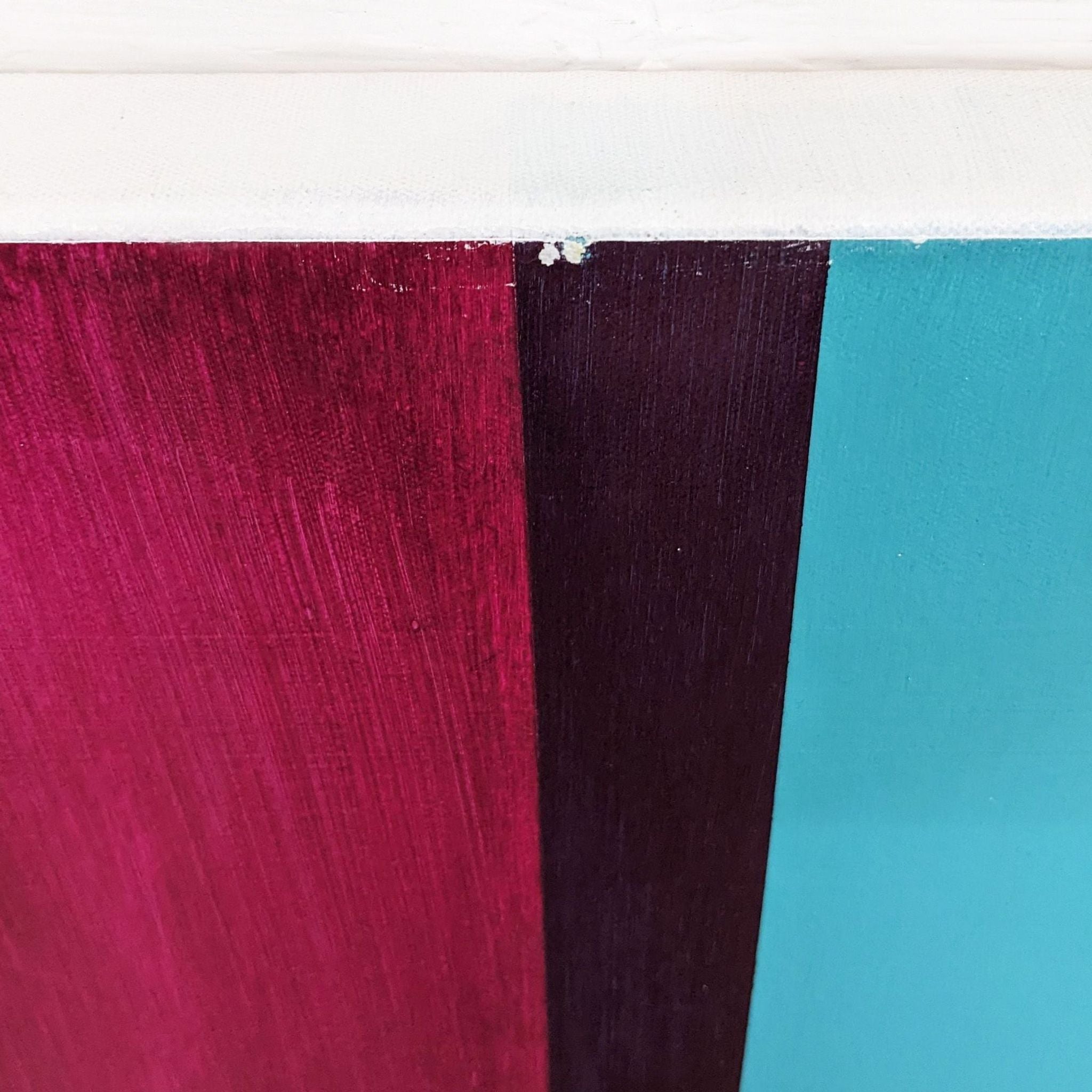 Close-up of a Reperch modern art painting showing detailed texture where deep burgundy meets vibrant teal against white.