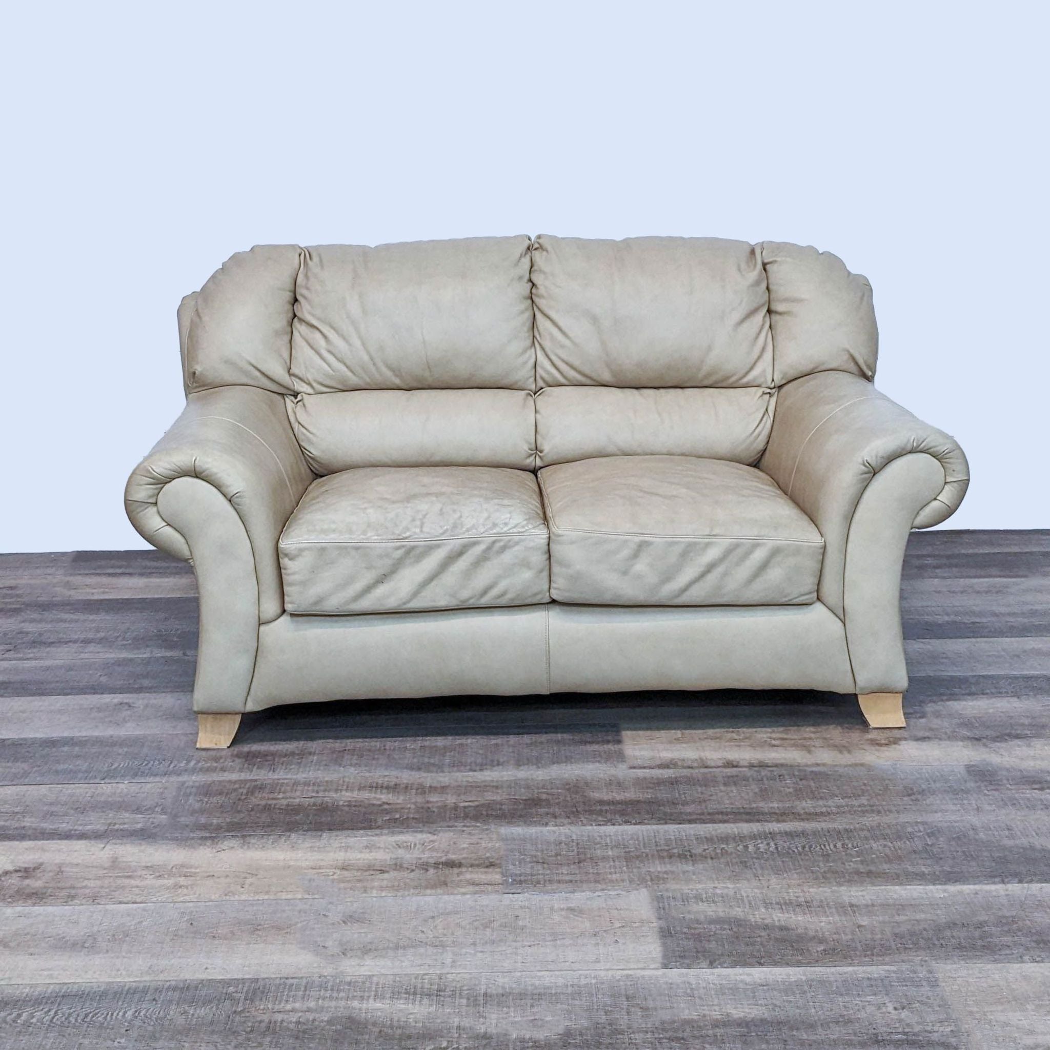 Reperch tan leather loveseat with lumbar support, high back cushion, curved arms, and light finish feet, viewed from the front.