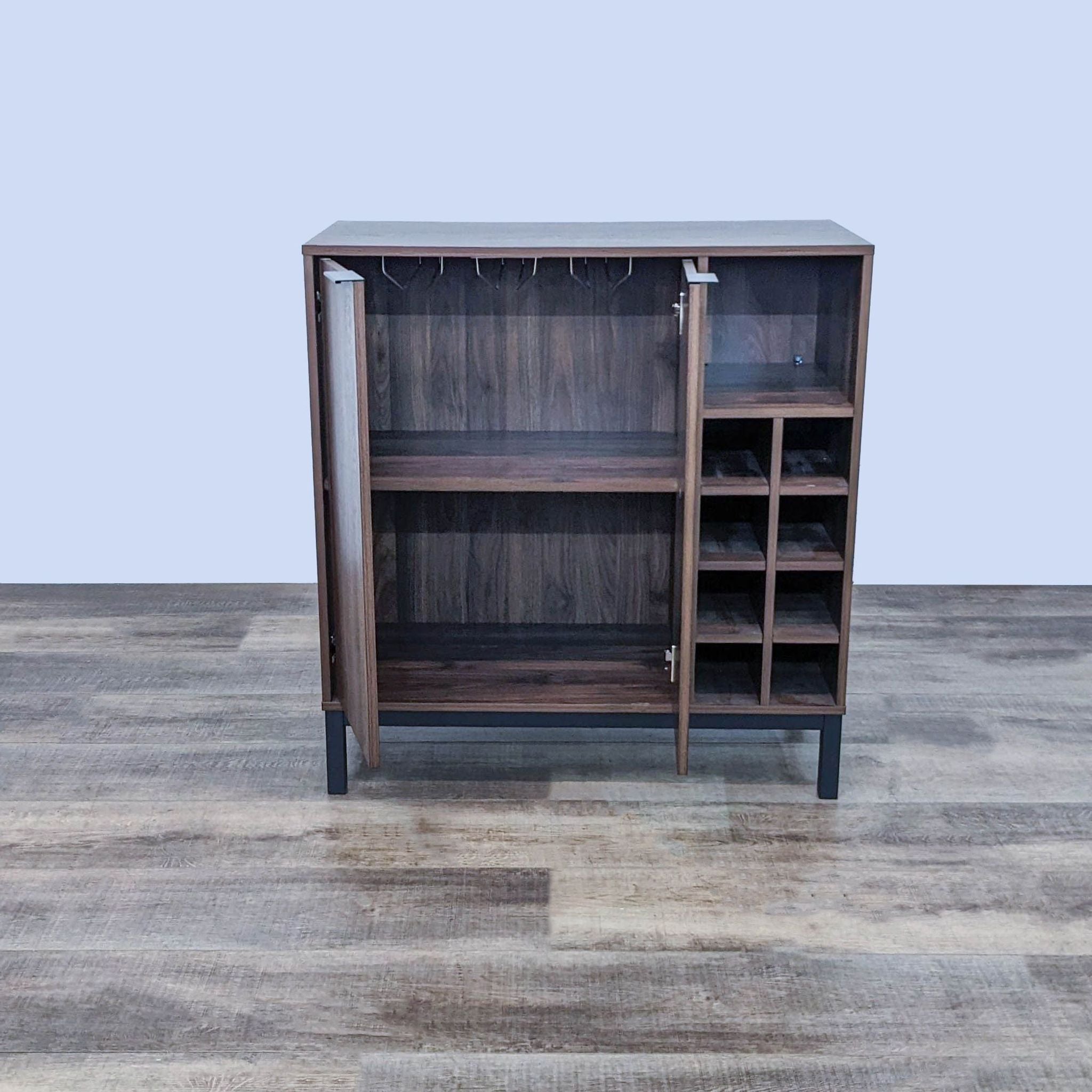 Alt text 2: Open cabinet from Walker Edison with dark wood finish, showing spacious interior, shelves, and a manufacturer's caution label.