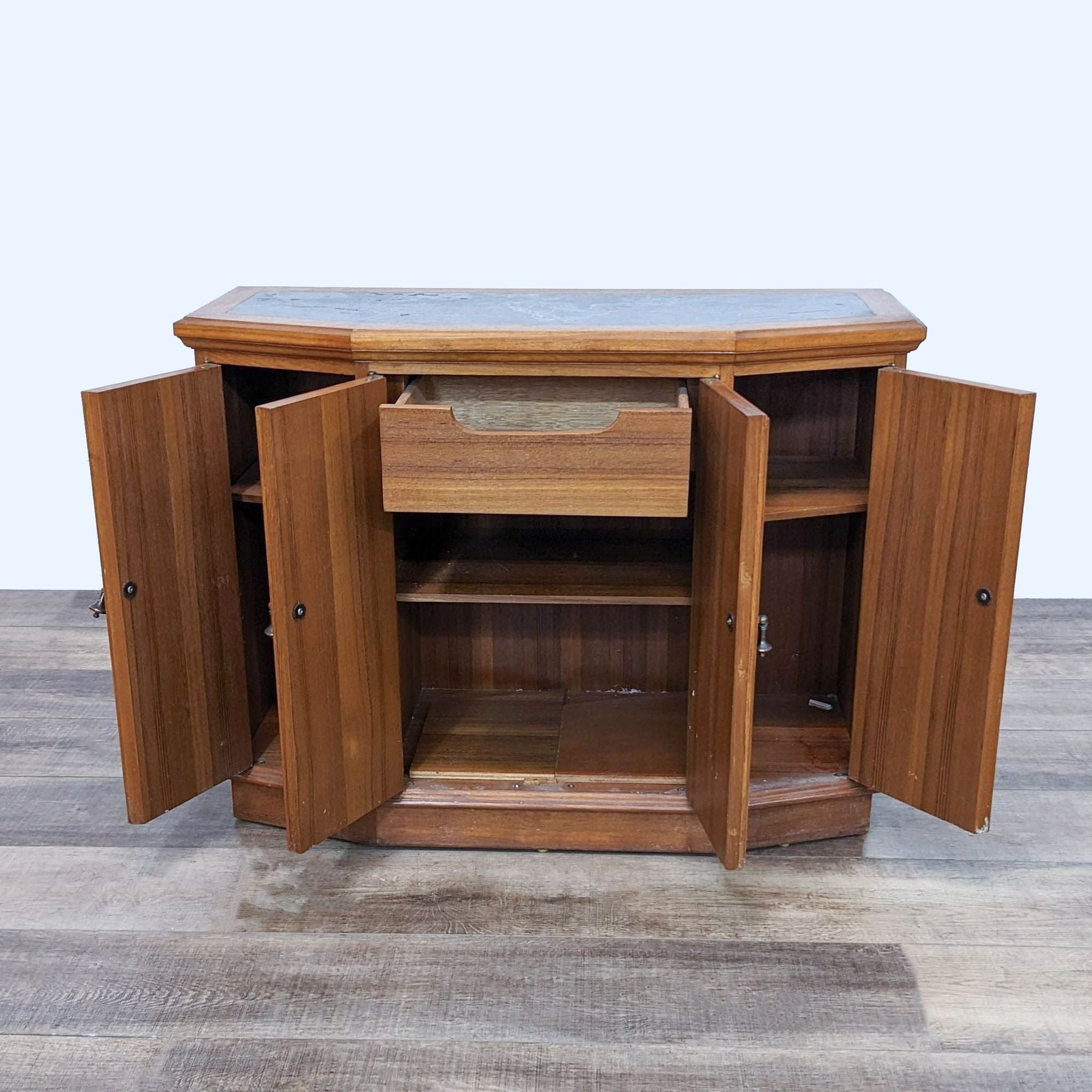 Alt text 2: Open four-paneled wooden sideboard with a silverware drawer and interior shelving, revealing storage space.