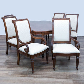 Image of 7-Piece Lane Dining Set with Detailed Woodwork and Upholstered Chairs